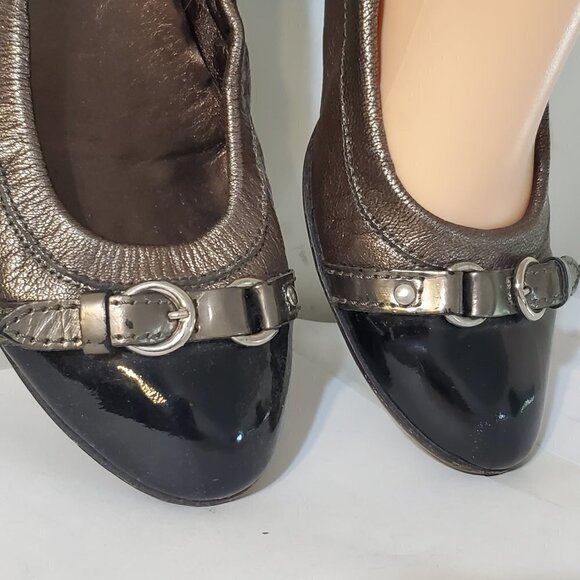 AGL Cap Toe Ballet Flat Bronze Leather Black Patent 36.5/6.5 office Travel - Picture 3 of 4